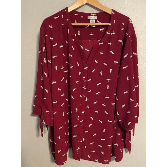 Catherines Shirt Womens 4X 30/32W Burgundy Dragonfly Button Front 3/4 Sleeve - Picture 1 of 7